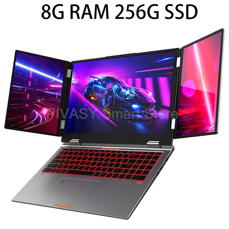 PIVASY Triple-Screen Laptop – 16" + Dual 10.5" FHD Displays, Intel Core i7, Wi-Fi 6, 64GB RAM, Portable Multi-Display Workstation