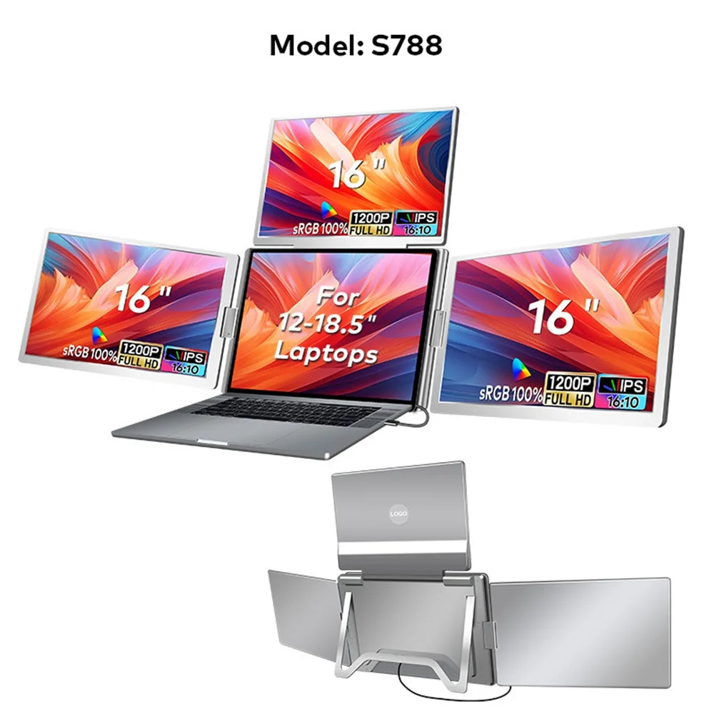 Triple Screen Portable Laptop Monitor – FHD IPS Display Extender, 14"/15.6"/16" Options, Single-Cable Connection