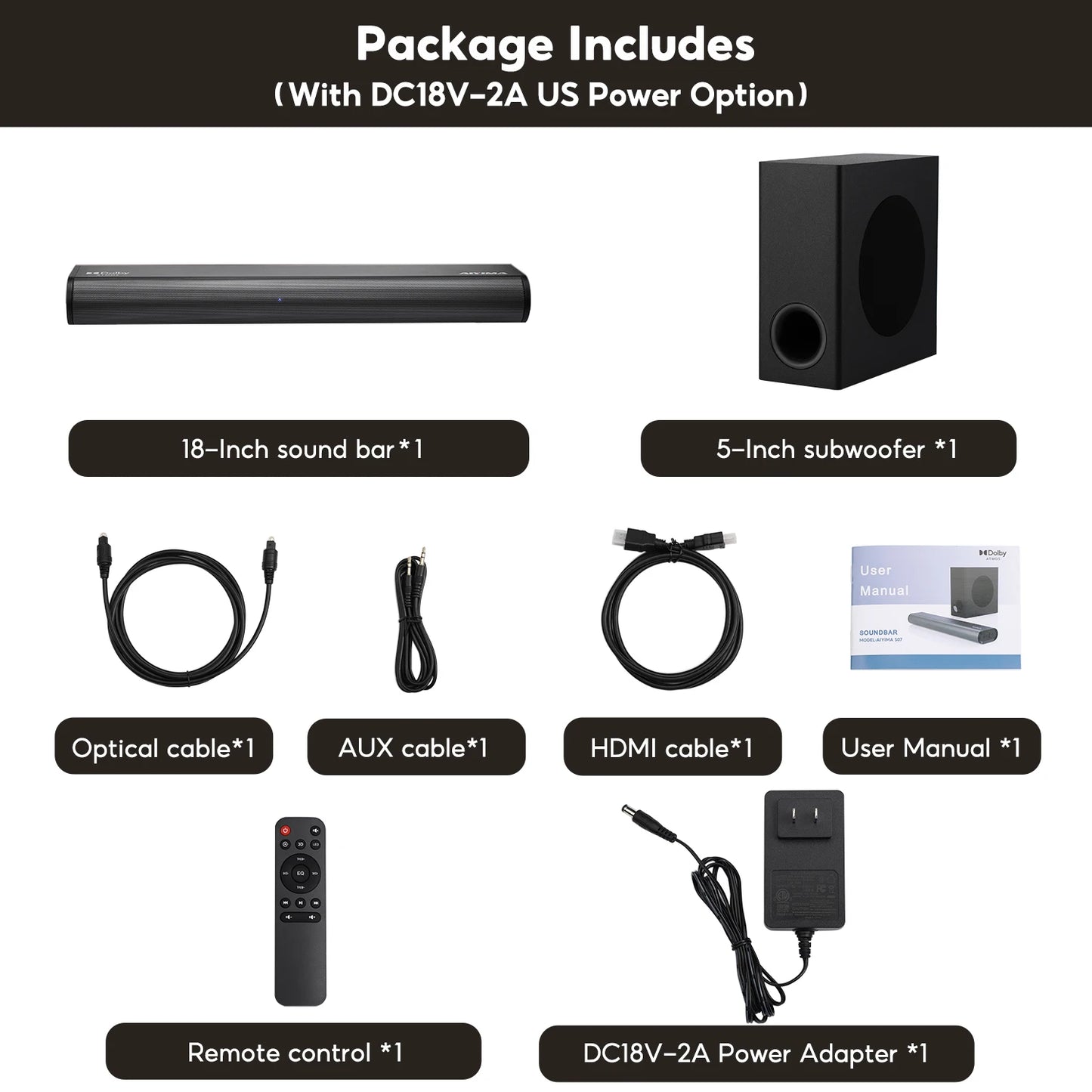 AIYIMA S07 2.1 Channel Dolby Soundbar with Wireless Subwoofer – 150W Home Theater System, 3D Surround, Bluetooth 5.3