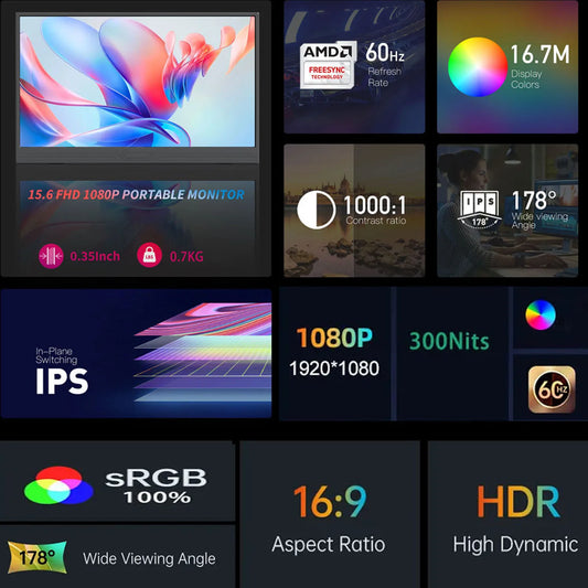 HOESD.a 15.6" Portable Gaming Monitor – Full HD 1080P IPS, HDR10, USB-C/HDMI, Built-in Speakers, for Laptop, Switch, PS5, Xbox