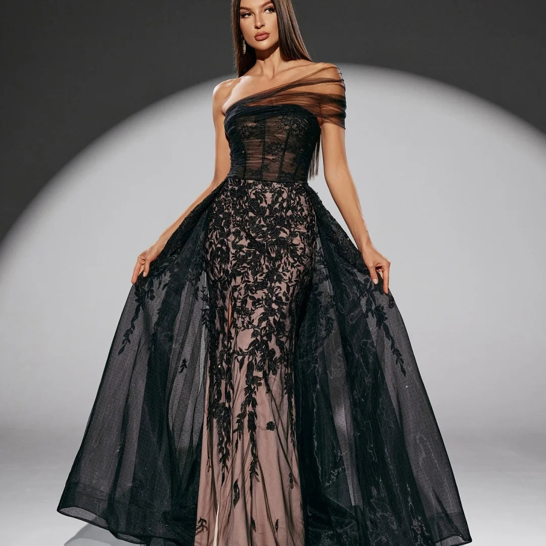 Bella Black Floral Evening Gown – Slanted Shoulder, Backless Mesh Prom & Party Dress 2025