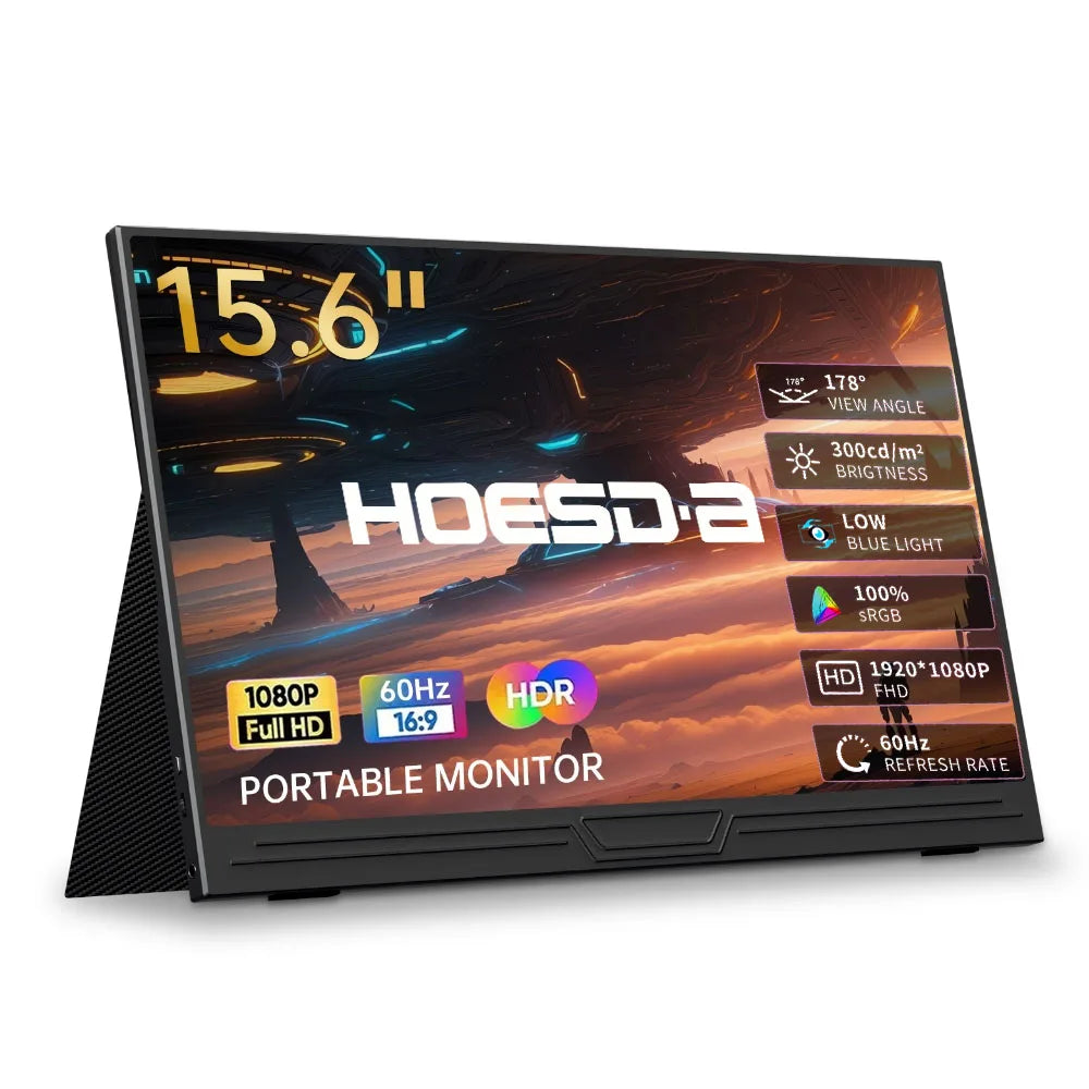 HOESD.a 15.6" Portable Gaming Monitor – Full HD 1080P IPS, HDR10, USB-C/HDMI, Built-in Speakers, for Laptop, Switch, PS5, Xbox