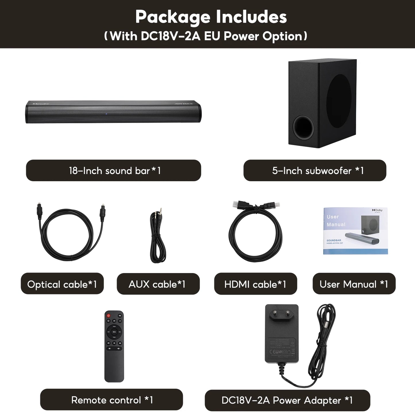 AIYIMA S07 2.1 Channel Dolby Soundbar with Wireless Subwoofer – 150W Home Theater System, 3D Surround, Bluetooth 5.3