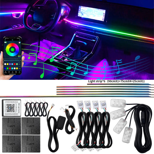 18-in-1 LED Symphony Ambient Car Interior Lights – RGB 64 Colors Neon Acrylic Strip with APP Control, Music Sync & Dual-Zone Effects
