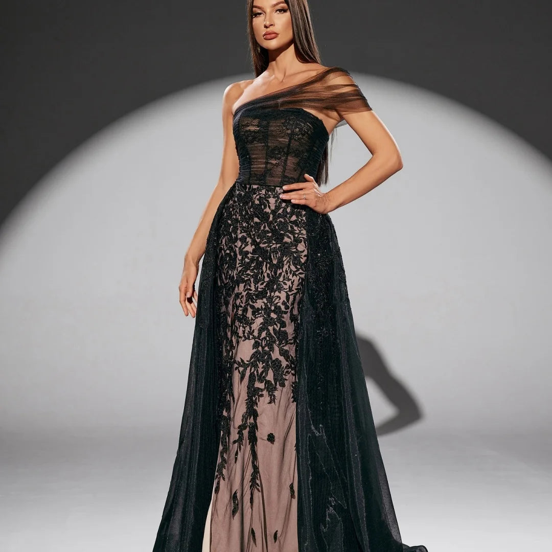 Bella Black Floral Evening Gown – Slanted Shoulder, Backless Mesh Prom & Party Dress 2025