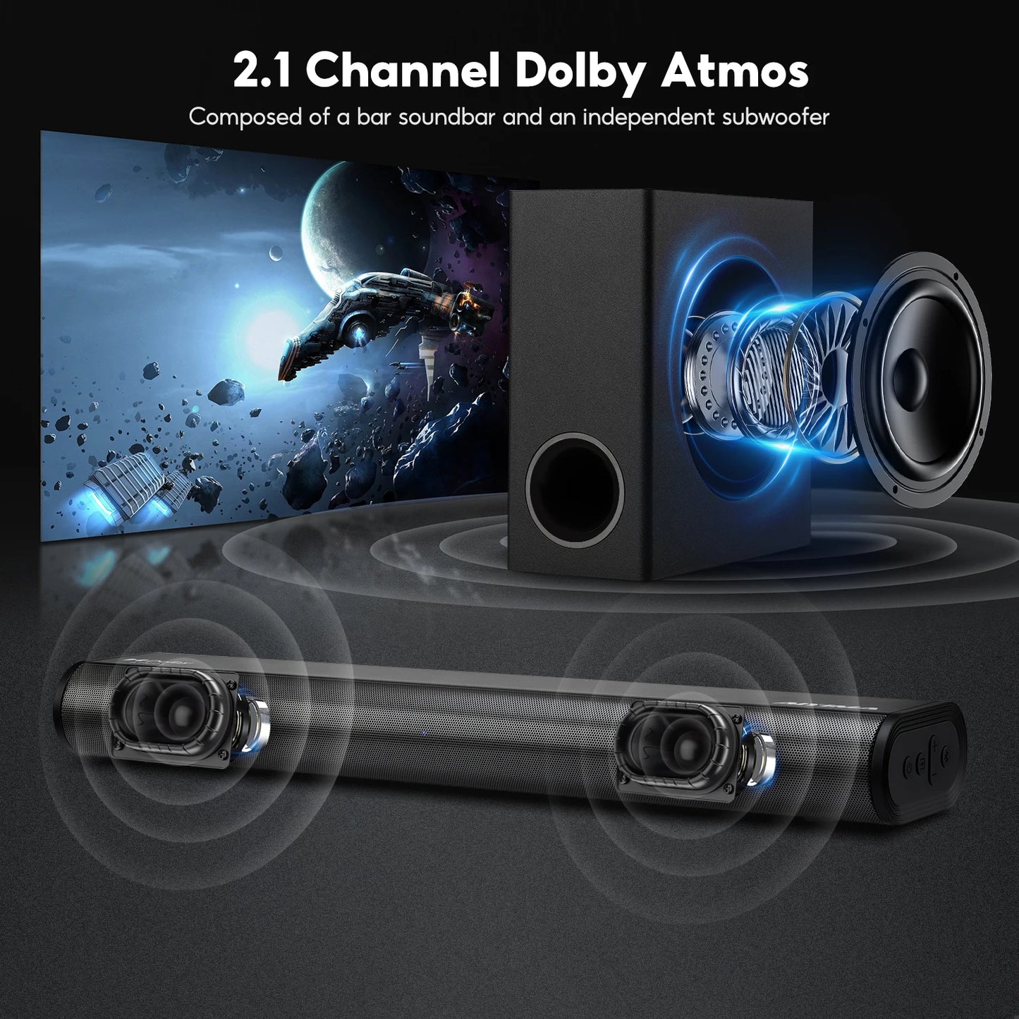 AIYIMA S07 2.1 Channel Dolby Soundbar with Wireless Subwoofer – 150W Home Theater System, 3D Surround, Bluetooth 5.3