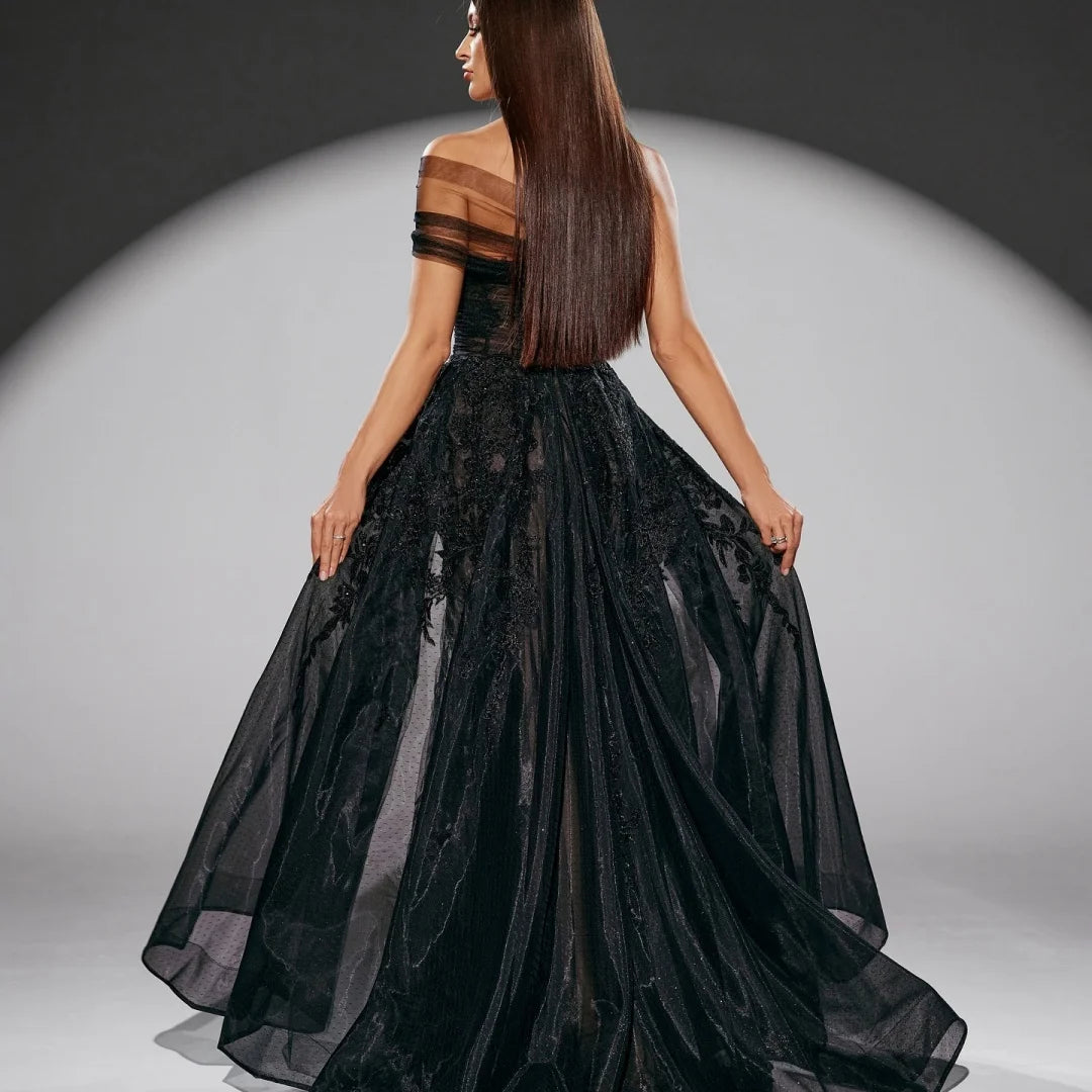 Bella Black Floral Evening Gown – Slanted Shoulder, Backless Mesh Prom & Party Dress 2025