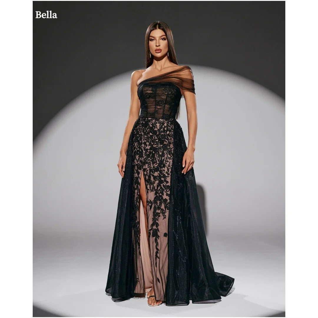 Bella Black Floral Evening Gown – Slanted Shoulder, Backless Mesh Prom & Party Dress 2025