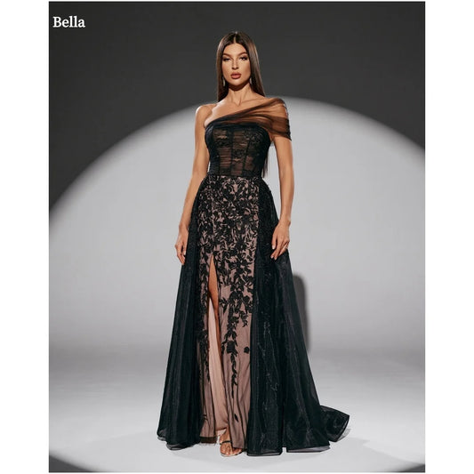 Bella Black Floral Evening Gown – Slanted Shoulder, Backless Mesh Prom & Party Dress 2025